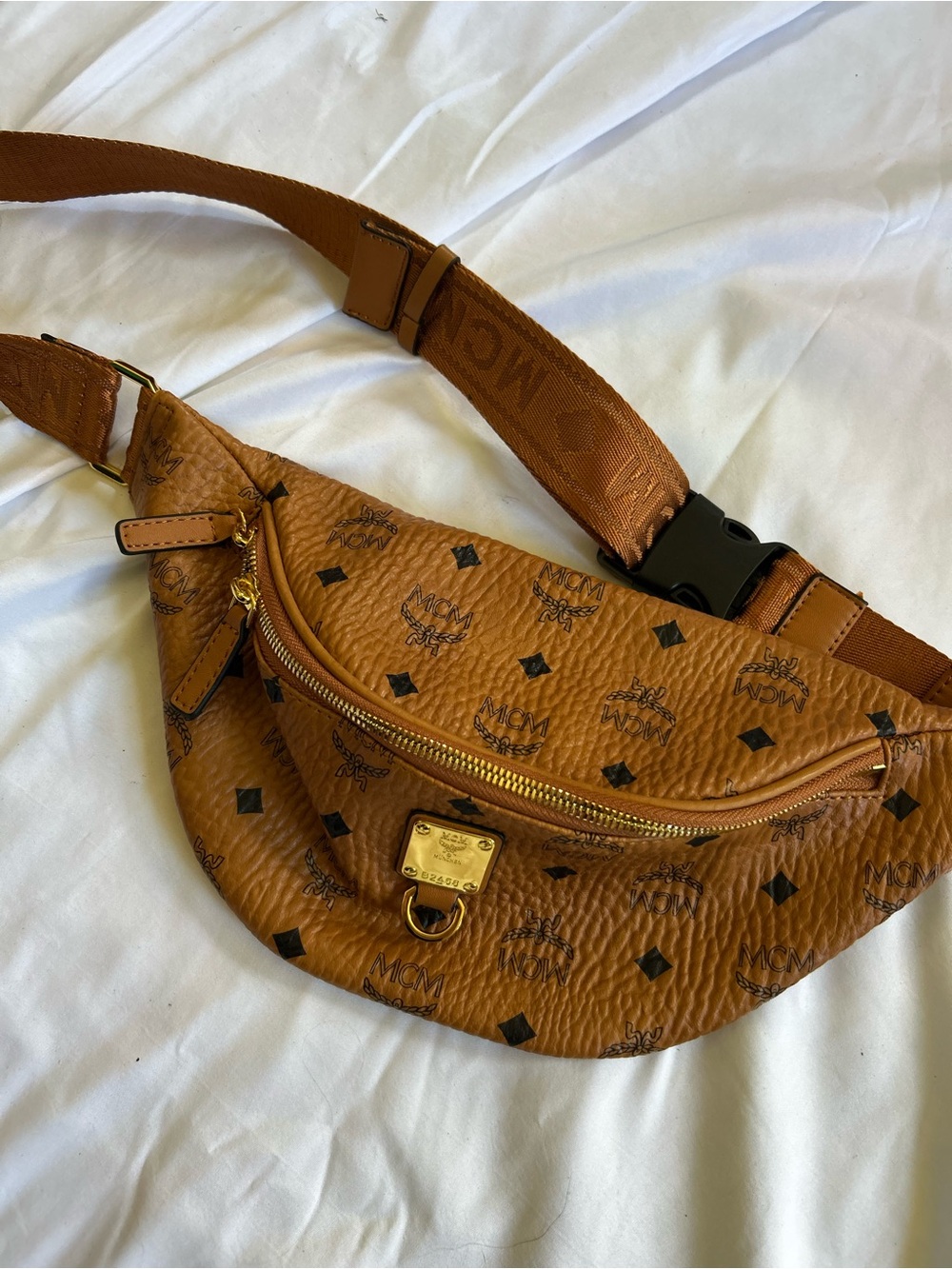 MCM Cognac Brown Visetos Logo Belt Bag with Gold Hardware
